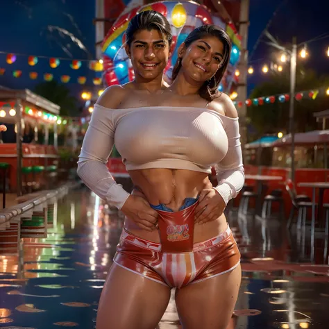 (((2heads))), a beautiful mexican 18 year old man,(big bulge:1.8),fit, beautiful face, tight red and white leather micro shorts, kelly green pantyhose,tight red low cut crop top, small perky breasts, wide hips, very wide shoulders, wet, drenched, massive b...