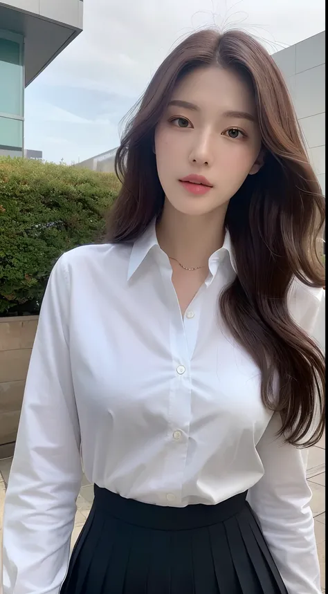 (Best quality, High resolution, Masterpiece :1.3), A tall and pretty woman, Slender abs, Dark brown hair styled in loose waves, Breasts, White button up shirt, Black pleated skirt, (Modern architecture in background), Details exquisitely rendered in the fa...