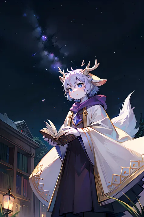 A white deer，White robe，Purple shawl，starrysky，As estrelas，nigth，Book in hand，basket，adolable，Beast too，Ambiguous gender，the pale blue sky，On the grass，Bright stars，deer antlers，Crystal pupils