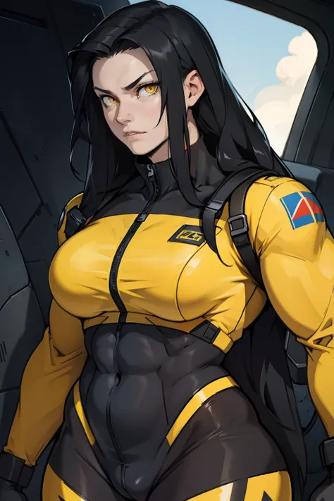 1 girl, black hair, yellow eyes, very long hair, pale skin, ((((extremely muscular)))), large breasts, (confident expression), pilot suit, close up