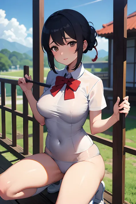 Mitsuha, pezones, piernas gruesas, ((brasier)) sexy, uniforme escolar