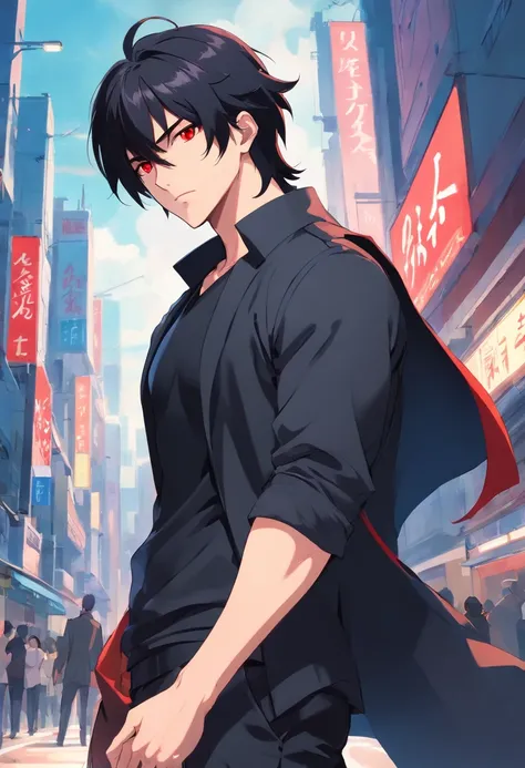 A two-meter muscular 20-year-old guy with pale skin, long black hair and red eyes, dressed in black pants, tight T-shirt in matte black, a white overcoat and similar to Dio Brando.