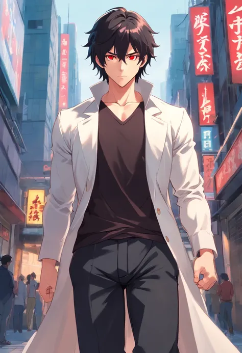 A two-meter muscular 20-year-old guy with pale skin, long black hair and red eyes, dressed in black pants, tight T-shirt in matte black, a white overcoat and similar to Dio Brando.