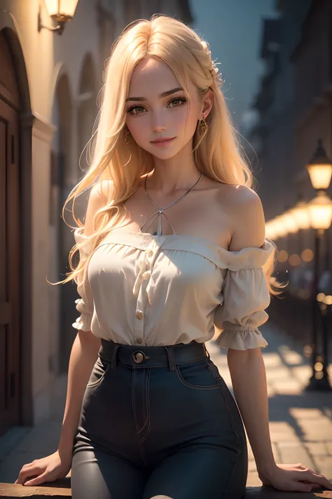 (mejor calidad, 4k, 8k, high resolusion, obra maestra: 1.2), ultra detallada, (realista, fotorrealista, fotorrealista: 1.37), foto RAW, portrait of a beautiful blonde woman of 35 years with a yellow shirt and black pants Full length length, soft illuminaot...