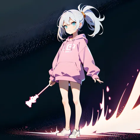 （tmasterpiece，top Quority，best qualtiy），Pix，Pixel art，1girll，full body Esbian，Pink and white sweatshirt，Gray hair。