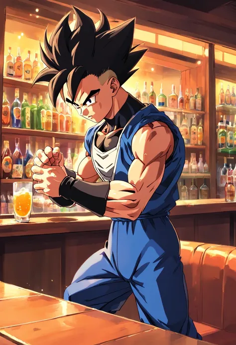 Vegeta, (((Masculino))), (((Dragon Ball Z))), tomando um drink em um bar, detalhes perfeitos, perfect hands, expression serious, olhos perfeitos, roupa estilo esporte fino, terno, Dress pants, incredible shadows, barman ao fundo, bebidas brilhantes e fluid...