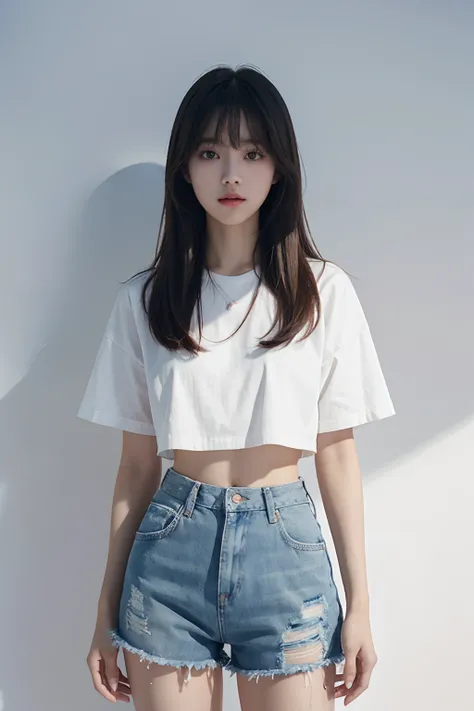 a woman in a white top and blue shorts posing for a picture, lalisa manobal, lalisa manoban of blackpink, sun yunjoo, roseanne park of blackpink, jossi of blackpink, kda, jaeyeon nam, with bangs, taejune kim, portrait of jossi of blackpink, ulzzang, heonhw...