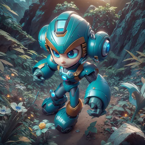 A mega man X, high-res, ultra-detailed, with vivid colors, sharp focus, and studio lighting, in a sci-fi landscape, with physically-based rendering.  (melhor qualidade,4k,8k,alto,master part:1.2),.3D Pixar cute adorable style ,Estilo Disney, design de pers...