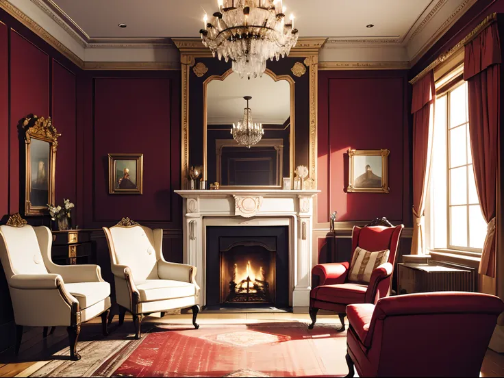 Design an 1887 English room in Victorian style with a large fireplace, mirrors and chandeliers, the atmosphere must be warm and comfortable and the outside must be seen from the windows