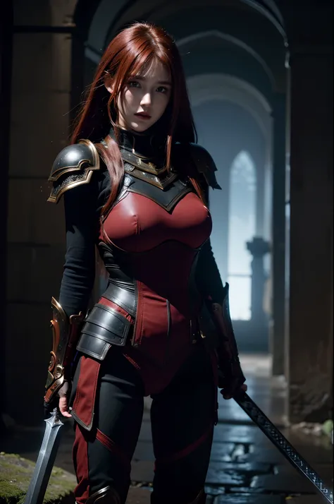 8k, (ultra-detailed,high-res,dark,fantasy:1.2), red hair, purple armor , warrior with a sword , medieval city, darkness, epic, beyond reality, Upper body, large boobs, epic, narrative, fierce battle with demons ,darkness , horror, rainfall, armor clanking,