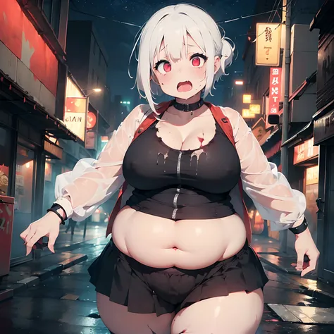 ((very fat girl)), zombie, albino, open mouth, drooling, extremely short hair, white hair, red eyes, ((very torn clothes)), wet, dirty, apocalyptic street, colossal breasts, round belly, thick legs , saggy belly, saggy boobs, long legs, night, neon lights,...