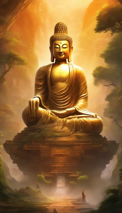 A giant, Realistic depiction of Leshan Buddha, Blend seamlessly with nature, surrealism, Ultra-detailed, Photorealistic:1.37, 3D rendering, Cinematic lighting, Divine light, Ultra-high definition, Masterpiece:1.2, Textured skin, Best quality, high resoluti...