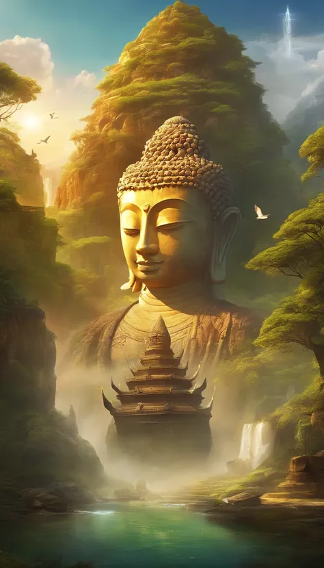 A giant, Realistic depiction of Leshan Buddha, Blend seamlessly with nature, surrealism, Ultra-detailed, Photorealistic:1.37, 3D rendering, Cinematic lighting, Divine light, Ultra-high definition, Masterpiece:1.2, Textured skin, Best quality, high resoluti...