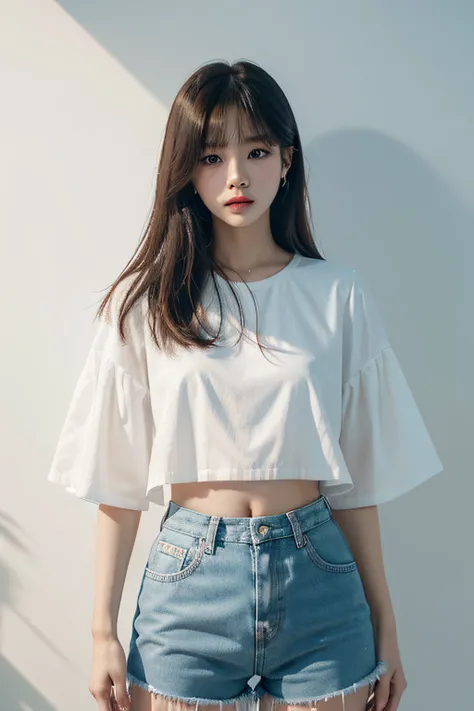 A woman in a white blouse and blue shorts poses for a photo, lalisa manobal, lalisa manoban of blackpink, sun yunjoo, roseanne park of blackpink, jossi of blackpink, kda, jaeyeon nam, With bangs, Kim Tae-joon, portrait of jossi of blackpink, ulzzangs, Choi...