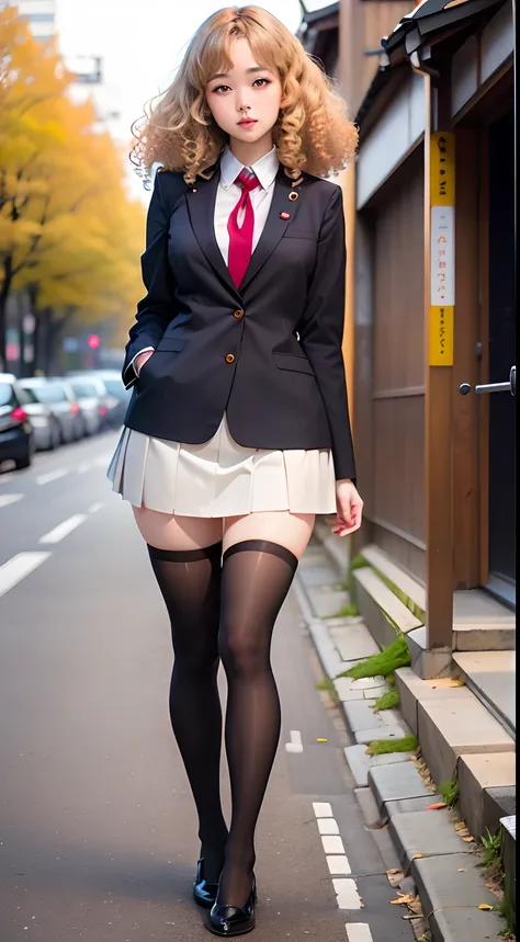 show entire body, curly haired Caucasian female, gorgeous, Japanese school uniform, short skirt, stockings, no shoes, outside, Tokyo neighborhood