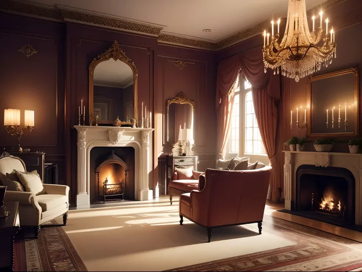 Design a room reminiscent of the Gothic and Victorian style with a large lit fireplace, mirrors and candelabras, the atmosphere must be warm and comfortable and you must see the outside from the windows