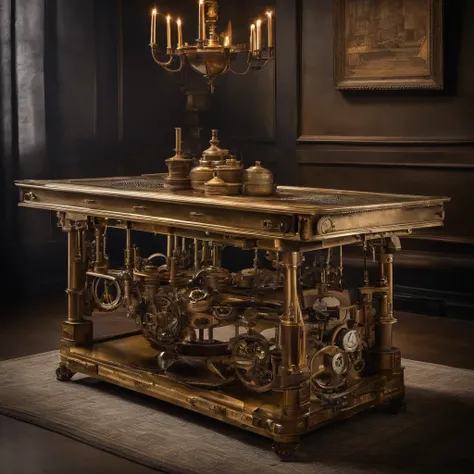 Brass rectangular table，The table was filled with experimental instruments，The background is an illusory universe，Various scientific instruments float in the air，Lightning rages，Current in the laboratory