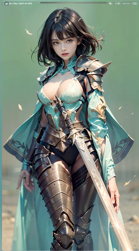 (The FW), 1womanl, Solo, 24 year old, 7headed body, (cute  face), (Ideal ratio body proportions), long , Fantasia, Magic Effects, ((Armored dress)), holding a greatsword, Sexy body, heavy wind, The costume is sheer, Wet, short-hair, Dark hair, small tits, ...