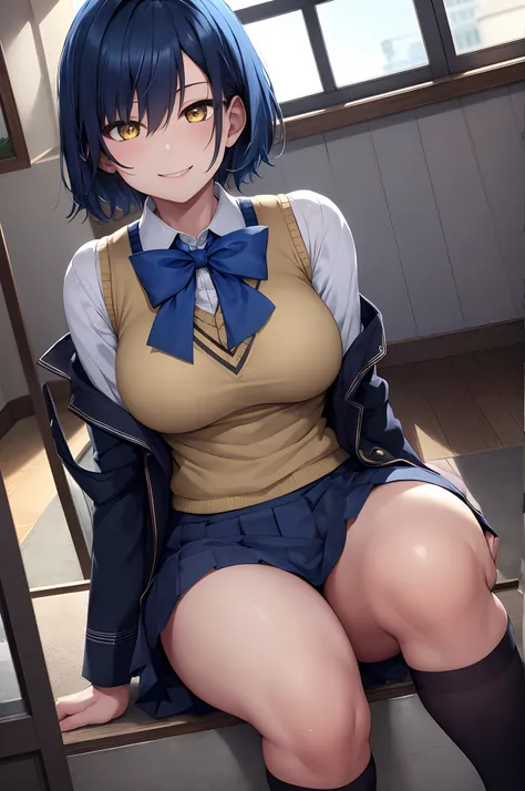 masterpiece, best quality, short hair, blue hair, yellow eyes, indoors, medium breasts, school uniform, bowtie, black vest, smile,