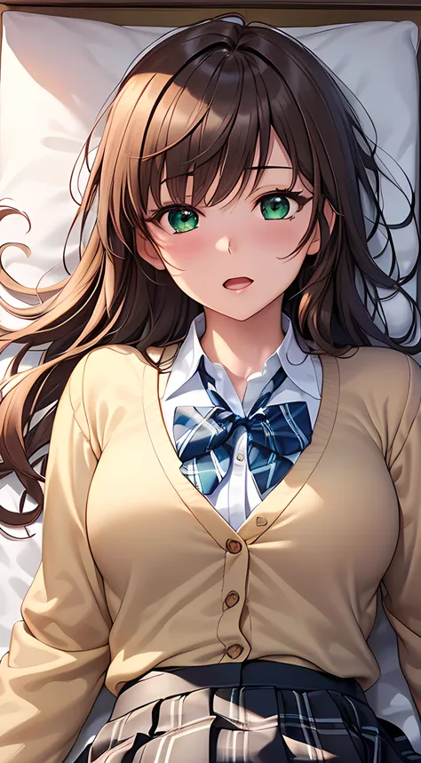 ((masterpiece, best quality, highres, UHD, perfect pixel, depth of field, 4k, RTX, HDR))), 1girl, single, solo, beautiful anime girl, beautiful artstyle, anime character, ((long hair, bangs, brown hair, curly hair:0.8)), ((green eyes:1.4, rounded eyes, bea...