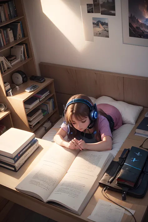 um adolecente em seu quarto, , luzes noturnas, Luzes do luar,Books on the floor,messy bed,computador,ouvindo musica no headset, Noite4k, Fujifilm XT3, (ultra desenho:1.5), sombreamento, cartoon,textura detalhada do quarto, detalhe nos headset