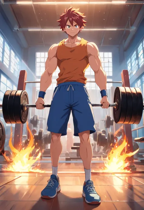 Natsu Dragneel, cauda de fada, masculino, Working out intensely in a bodybuilding gym, Well-defined and detailed muscles, focus in muscles, well-defined biceps and triceps, olhos perfeitos, perfect hands, rosto perfeito, tatuagem vermelha no ombro, express...