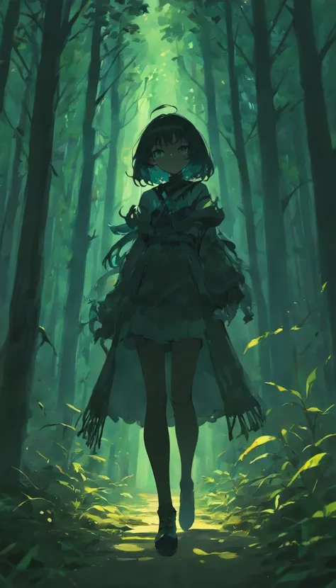 dark forest atmosphere, female shadow figure, pretty woman