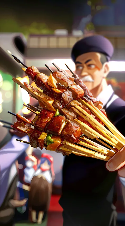 The Arapefi-looking man holds a bunch of strings, skewer, delicacy, straw, very tasty, malaysian, sichuan, Meaty, Chinese, qiangshu, unedited, Yum, cheesy, Ready to eat, extremly intricate, 4 0 9 6, yee chong, keng lye, kebab, 3 4 5 3 1, Eating