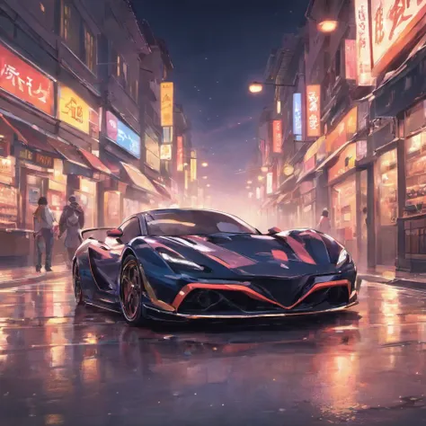 On the street，sleek sportscar，breaking，There is liquid on the ground，Black liquid，Obvious liquid，Real street background，废墟