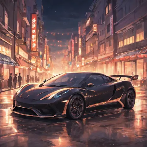 On the street，sleek sportscar，breaking，There is liquid on the ground，Black liquid，Obvious liquid，Real street background，废墟