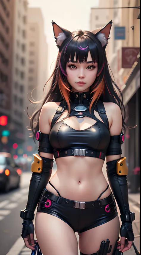 a beautiful photorealistic photograph of 2 cyberpunk catgirls with fringe cut bangs long multicolor hair, ((Best quality)), ((masterpiece)), (detailed: 1.4), depth of field focus f/2.8