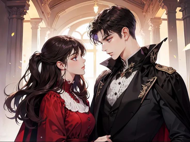 1 male 1 female, different hair color, extremely detailed face, Long black bang hair with twist and purple eyes, short dark brown hair and dark grey eyes, face to face, 25 years old, Victorian era, (female wears a red dress), (male wears a long black cape ...