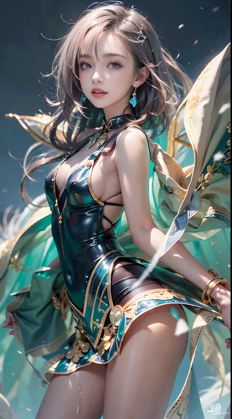 (NSFW), 1womanl, Solo, 24 year old, 7headed body, (cute  face), (Ideal ratio body proportions), long , Fantasia, Magic Effects, ((alchemist)), A smile, Sexy body, heavy wind, The costume is sheer, Wet, short-hair, Dark hair, small tits, A slender, Small bu...