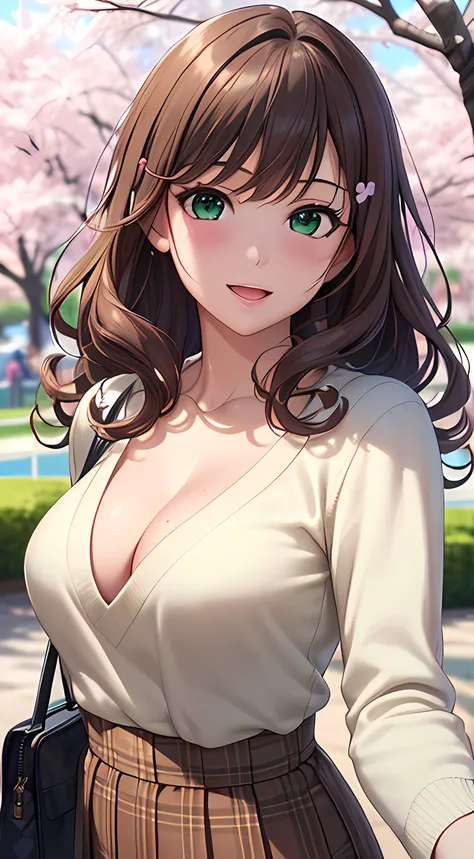 ((masterpiece, best quality, highres, UHD, perfect pixel, depth of field, 4k, RTX, HDR))), 1girl, single, solo, beautiful anime girl, beautiful artstyle, anime character, ((long hair, bangs, brown hair, curly hair:0.8, flower hair pin)), ((green eyes:1.4, ...