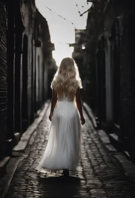 Young girl ((ultra realistic:1.2)), with white long hair and white eyes wearing black and white dress, walking down a dim lit alley, worm eye view, dslr.