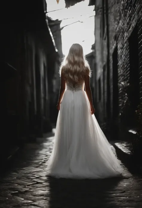 Young girl ((ultra realistic:1.2)), with white long hair and white eyes wearing black and white dress, walking down a dim lit alley, worm eye view, dslr.