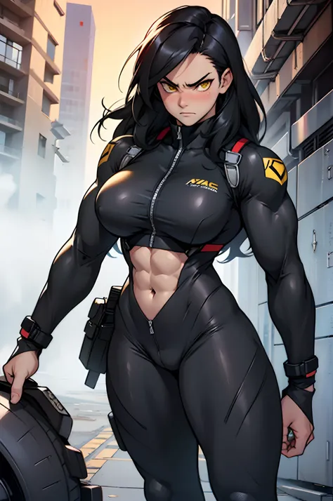 1girl, extremely long hair, solo, ((((muscular)))), veins, black hair, yellow eyes, blushing, (thick thighs), pale skin, strong, veins, abs, big thighs, (huge breasts), navel, standing, angry, bodysuit, skintight, pilot suit