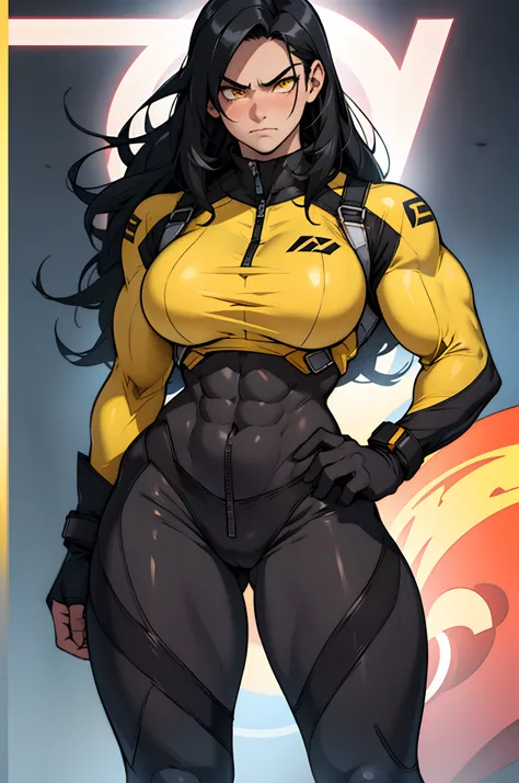 1girl, extremely long hair, solo, ((((muscular)))), veins, black hair, yellow eyes, blushing, (thick thighs), pale skin, strong, veins, abs, big thighs, (huge breasts), navel, standing, angry, bodysuit, skintight, pilot suit