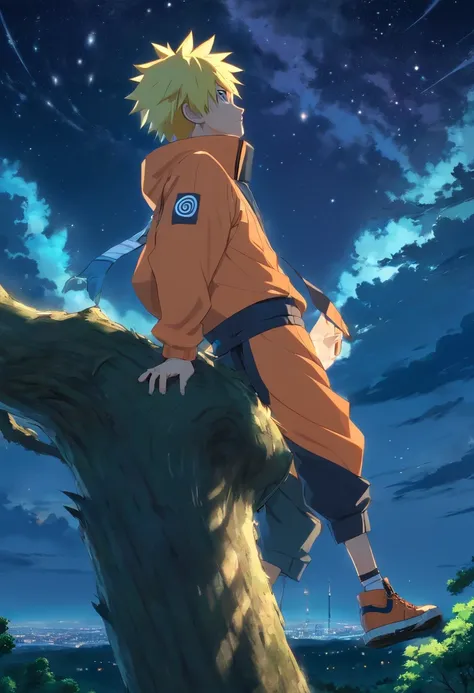 Naruto, Masculino, anime, roupas laranjas, on top of a tree, looking at the starry sky of Konoha,