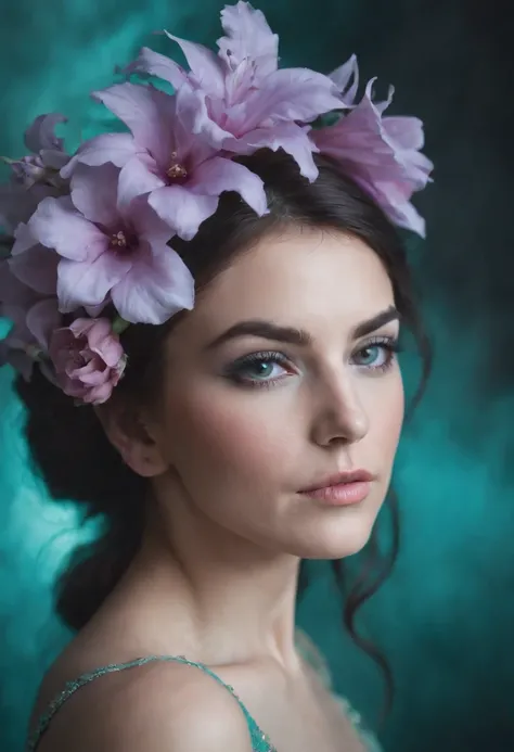 beautiful woman in purple smoke with flowers in her hair, in the style of dark turquoise and light pink, national geographic photo, odd juxtapositions, flickr, matte photo, (close-up)