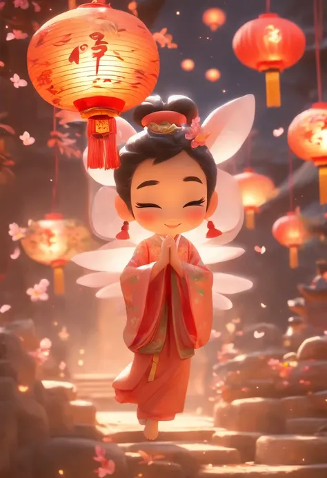 mid-autumn festival，A cute fairy dressed in ancient Chinese clothes，Playing with a rabbit next to a girl，Moon cake，Auspicious clouds，Behind the huge moon，a warm color palette，Abstract screen，ultra-realistic realism，pixar-style，3d effect，Disney  style，Clear...