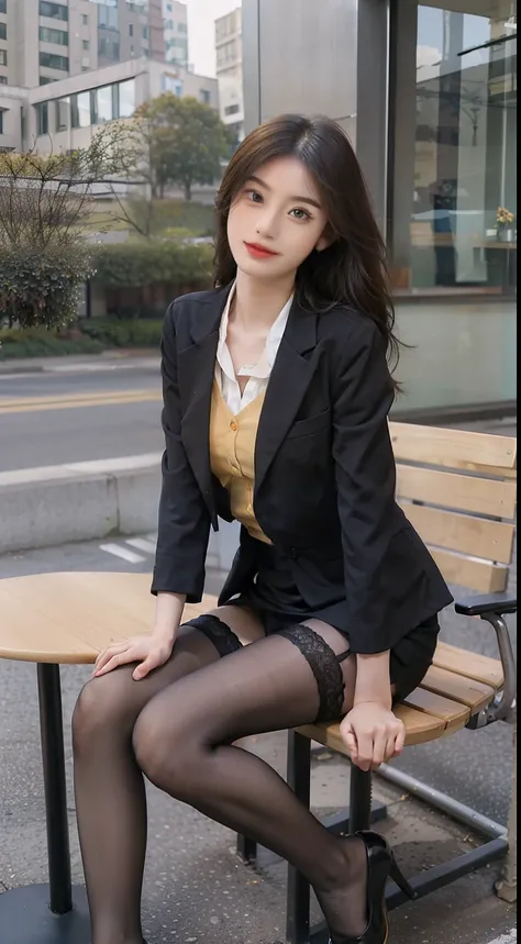 best qualtiy, Full body like，refined face，kawaii faces，25 years old female，slimfigure，Smaller bust，Office Lady Uniform，Office wear，black lence stockings，Outdoor Scene，sit pose，Yellow long hair