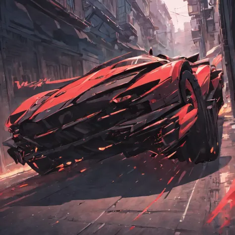 A real black Batmobile with red logo，Have on the street，the street，Overturned，Fragmentation，Background of the ruins，detailedbackground