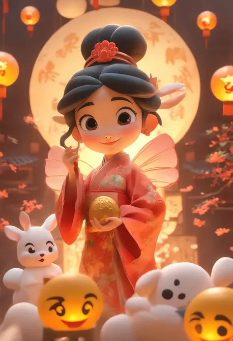 mid-autumn festival，A cute fairy dressed in ancient Chinese clothes，Playing with a rabbit next to a girl，Moon cake，Auspicious clouds，Behind the huge moon，a warm color palette，Abstract screen，ultra-realistic realism，pixar-style，3d effect，Disney  style，Clear...