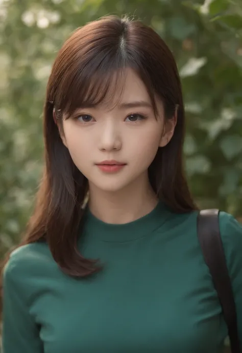 (Photorealistic),An 18-year-old Japanese high school girl，（green-shirt），（（a black pleated skirt:1.3）），Bob Head，Qi bangs，(Best quality), (Masterpiece), (A high resolution), Original, Extremely detailed 8k wallpaper, (An extremely delicate)，Stand in the clas...