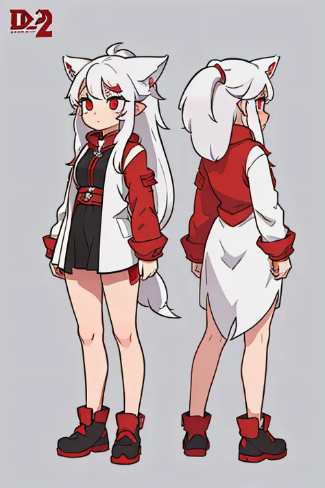 Character design (Digital Art) girl with long messy white hair, red eyes, wolf tail and ears, front view, back view, side view, details, (d2 view) detailed design.