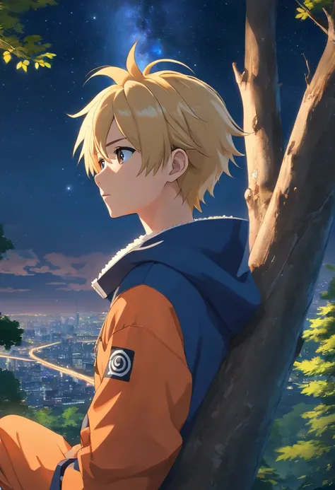 (best quality,4k,8k,highres,masterpiece:1.2),ultra-detailed,(realistic,photorealistic,photo-realistic:1.37), Naruto, masculine, anime, orange clothing, blonde hair, Konoha headband, perched on a tree, gazing at the starry sky of Konoha