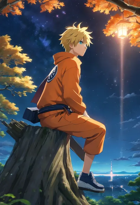 (best quality,4k,8k,highres,masterpiece:1.2),ultra-detailed,(realistic,photorealistic,photo-realistic:1.37), Naruto, masculine, anime, orange clothing, blonde hair, Konoha headband, perched on a tree, gazing at the starry sky of Konoha