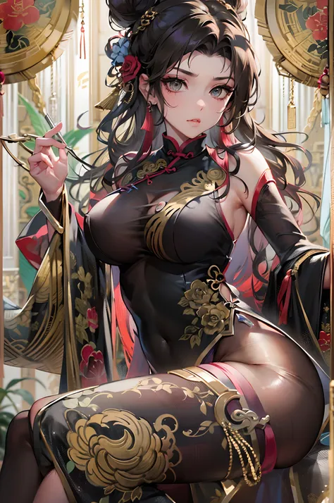 a beauty girl，Black and gold cheongsam，black lence stockings，Ancient wind，China-style，Chinese tradition，cleavage，cabelos preto e longos，(Delicate face)，folding fan，hair-bun，耳Nipple Ring，(Bare back)，Raise your legs，(One word horse)，(did not wear panties)，((...