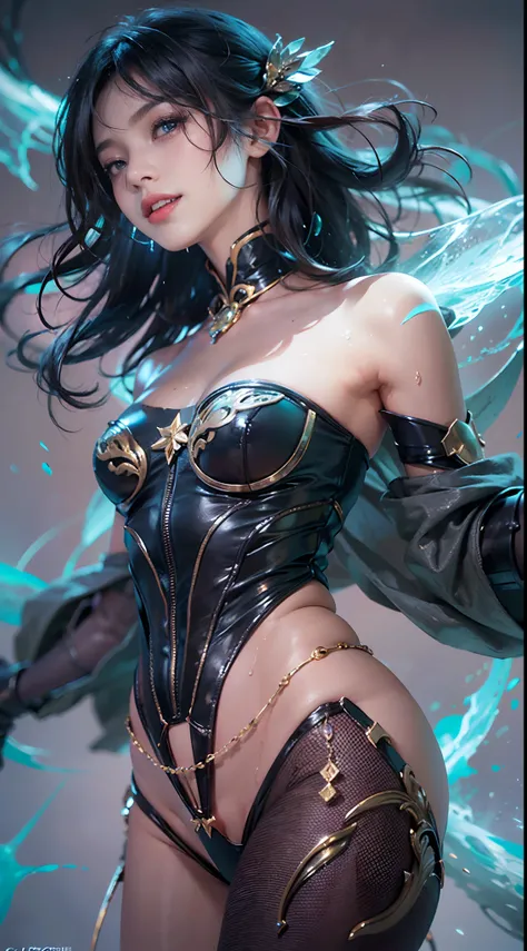 (NSFW), 1womanl, Solo, 24 year old, 7headed body, (cute  face), (Ideal ratio body proportions), long , Fantasia, Magic Effects, ((alchemist)), A smile, Sexy body, heavy wind, The costume is sheer, Wet, short-hair, Dark hair, small tits, A slender, Small bu...